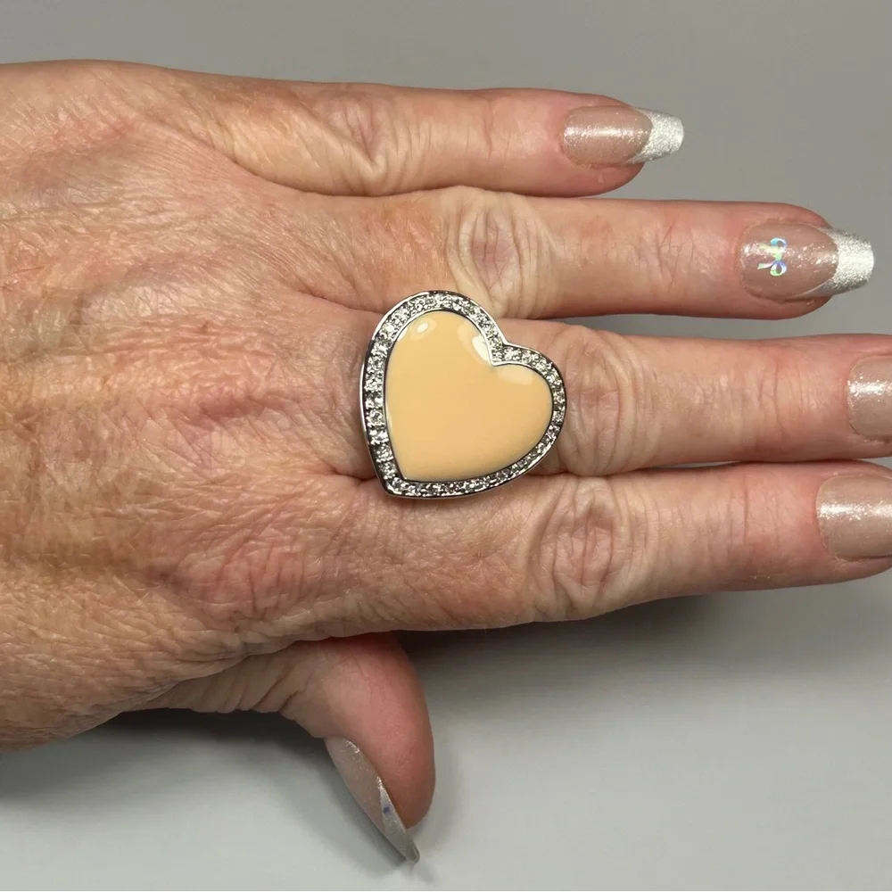 Camille Lucie Cream Enameled CZ Silver Heart Ring
